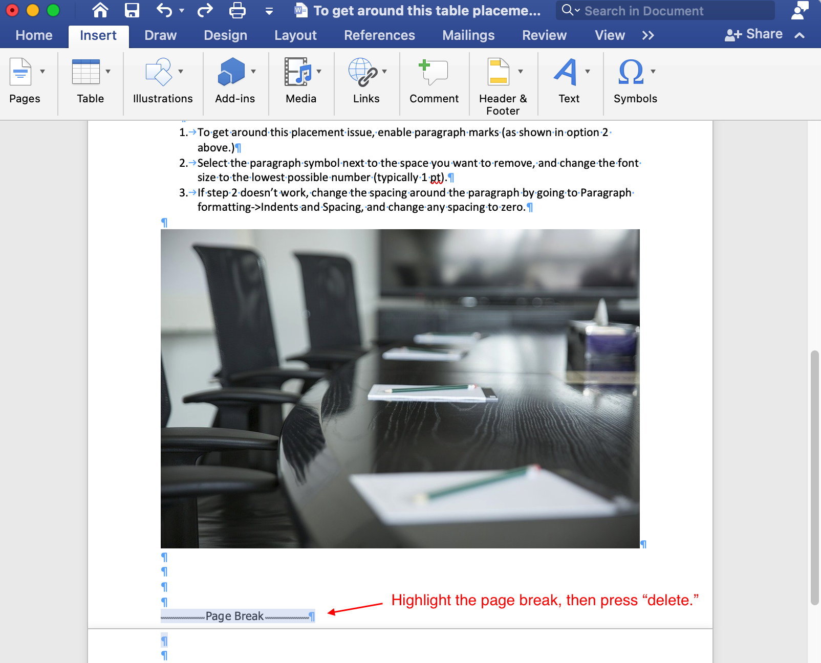 remove permanent indents on pages for mac